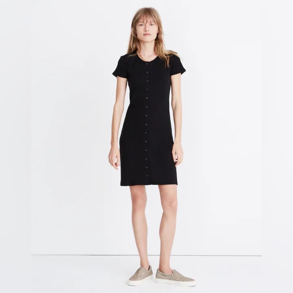 Madewell Button-Front Ribbed Mini Dress in Black NWT